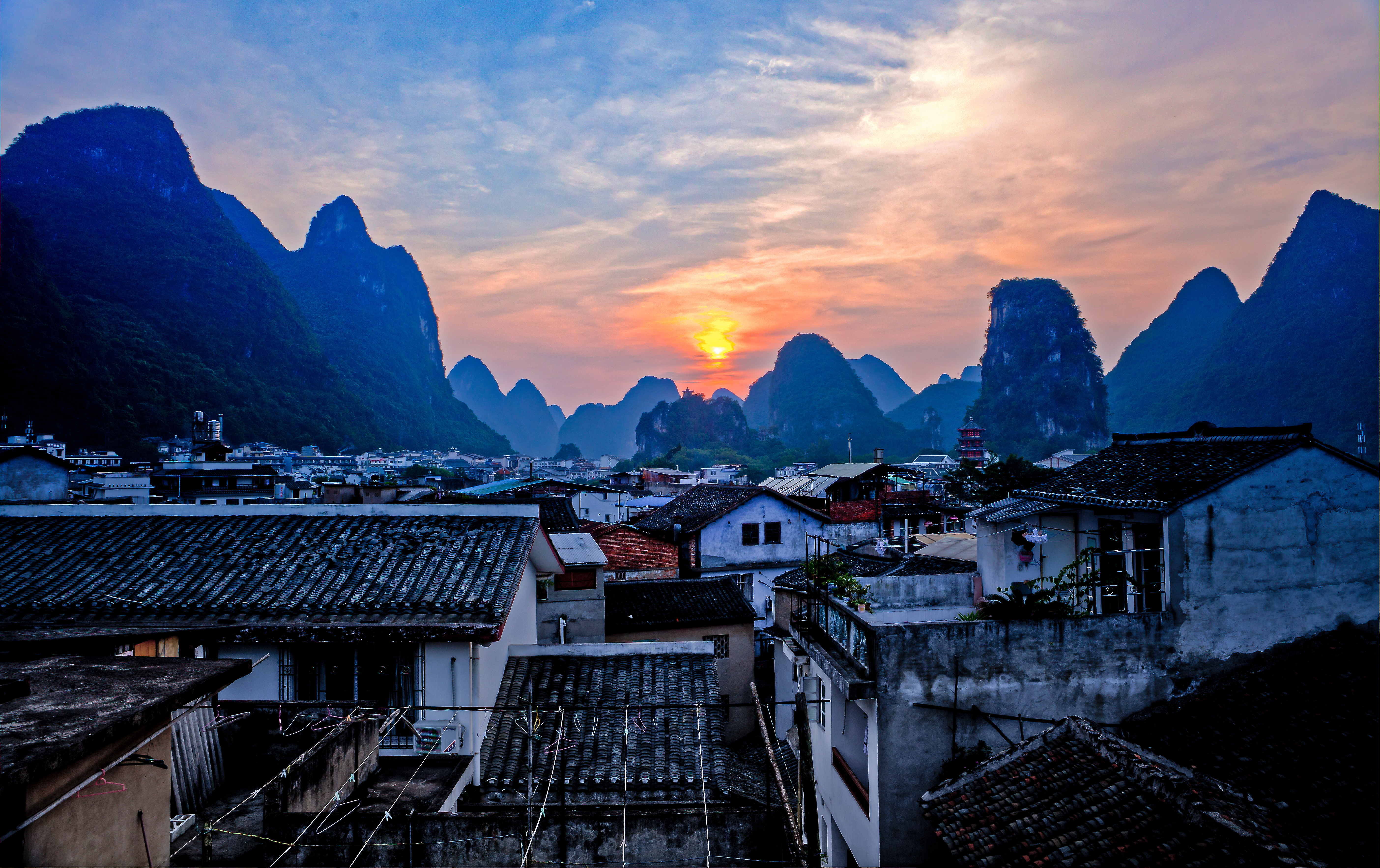 Rooftop bar view - Photo by Adam Crase on October 2010 View of Yangshuo from rooftop bar